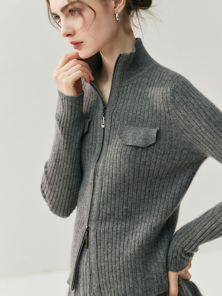 Women 100% Cashmere Knitted Cardigan – Korean Style Slim Fit Half Turtleneck Zip-Up Sweater