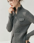 Women 100% Cashmere Knitted Cardigan – Korean Style Slim Fit Half Turtleneck Zip-Up Sweater