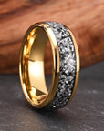 Gold Tungsten Steel Ring with Meteorite Inlay - Unisex Minimalist Band (US 7-13) Electroplated
