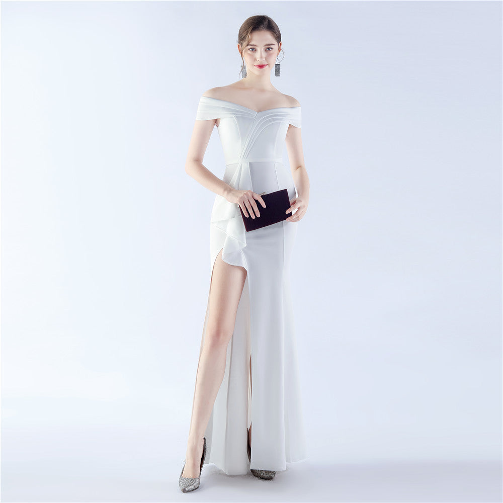 Women’s Satin Off-Shoulder Long Occasional Dress – Slim-Fit Elegant Evening Gown