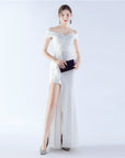 Women’s Satin Off-Shoulder Long Occasional Dress – Slim-Fit Elegant Evening Gown