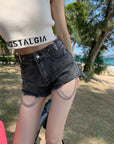 ⛓️ Women's High Waist Chain Detail Denim Shorts – Charcoal Black Cotton (XS-L)