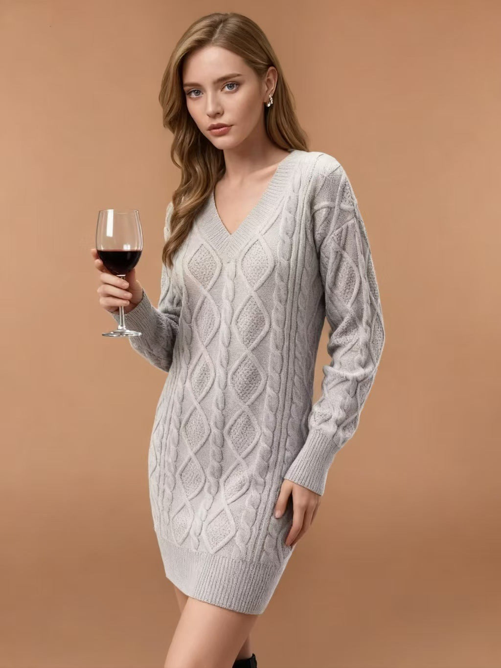 WOMEN Mid-length Sweater V-neck Knitted Twist Dress