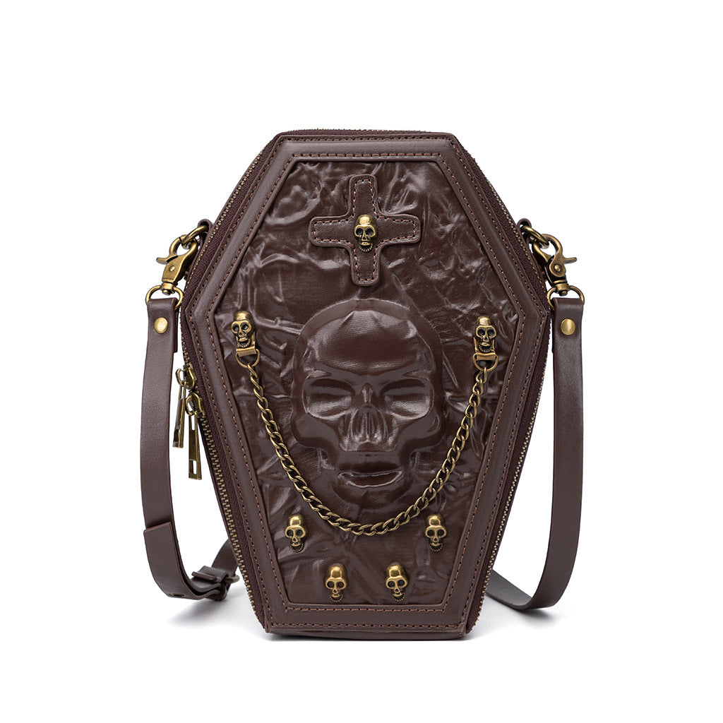 Women’s Gothic Coffin Shape Crossbody Bag – PU Leather Shoulder Purse with Chain Detail &amp; Adjustable Strap