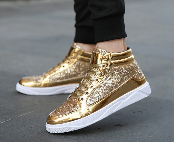 Nightclub boots bright face personality Martin boots men&#39;s casual high-top shoes retro gold boots