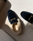 Women’s Rabbit Fur Slippers – Suede Flat Mules with Metal Detail