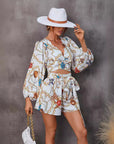 Women’s Autumn Floral V-Neck Long Sleeve Shorts Jumpsuit – Elegant Bohemian Chic Romper