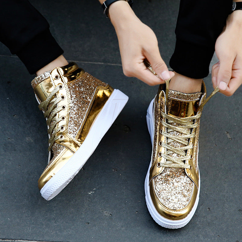 Nightclub boots bright face personality Martin boots men&#39;s casual high-top shoes retro gold boots