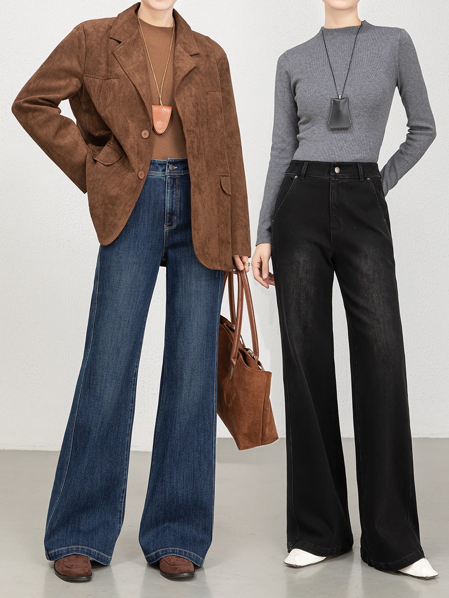 High-Waisted Flared Stretch Denim Jeans for Women – Tummy Control Micro Flare Washed Denim Pants with Four-Way Stretch