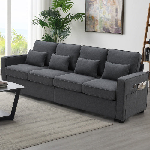 Seater Modern Linen Fabric Sofa With Armrest Pockets And 4 Pillows,Minimalist ( USA ONLY + 3 TO 5 DAYS SHIPPING)