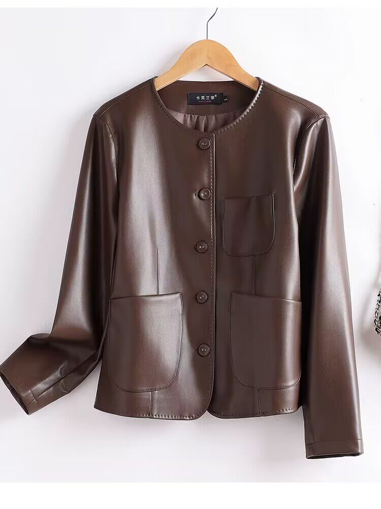 Women’s 100% Genuine Sheepskin Leather Jacket – Slim Fit Short Korean Style Round Neck Coat