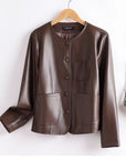 Women’s 100% Genuine Sheepskin Leather Jacket – Slim Fit Short Korean Style Round Neck Coat