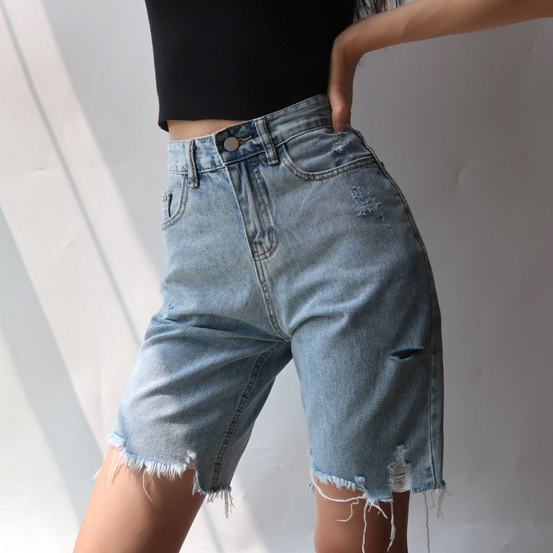 High-waisted slim-cut five-point jeans