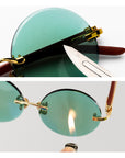Men High quality Green Crystal Round Frame Sunglasses – Gold Copper Alloy Frameless Retro UV375 Protection Eyewear with Green Crystal Lenses