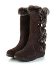 Brown New Winter Women Casual Warm Fur Mid-Calf Boots Shoes Women Slip-On Round Toe Flats Snow Boots Shoes