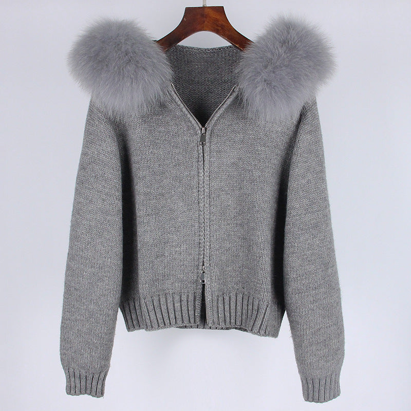 Women’s Hooded Spring Coat – Zipper Cardigan with Real Fox Fur Collar
