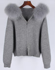 Women’s Hooded Spring Coat – Zipper Cardigan with Real Fox Fur Collar