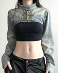 Women’s Loose Long-Sleeve Ultra-Short Denim Waistcoat Jacket – Trendy Street Style