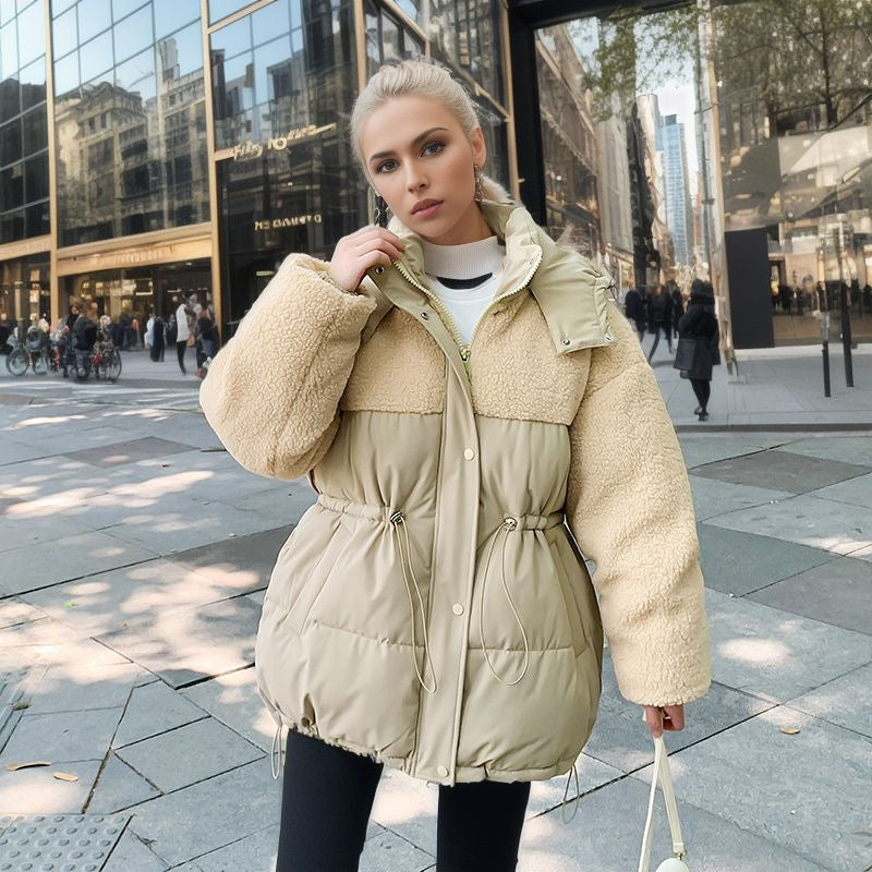 Women’s Cotton-Padded Lamb Wool Coat – Drawstring Waist Thickened Winter Jacket