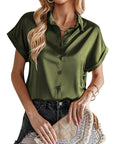 Lapel Button Short Sleeve Shirt Summer Casual Loose Solid Color Beach Top For Womens Clothing