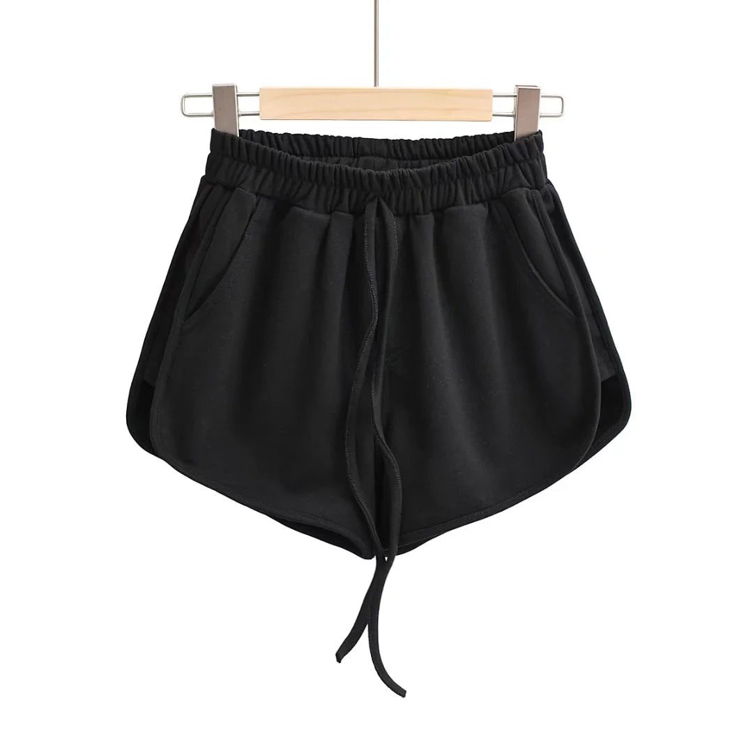 Women High-Waist Cotton Terry Shorts – Drawstring Casual Loose Fit Lounge Shorts with Pockets