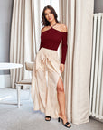 Women’s Autumn/Winter Slim-Fit Halter Neck Top – Wine Red Off-Shoulder Long-Sleeve T-Shirt