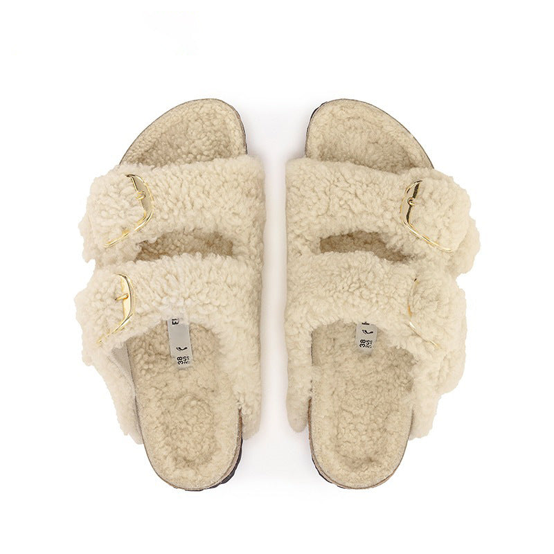 Women’s Lazybones Outdoor Fur Slippers – Warm Cotton Cork Sole Casual Non-Slip Slides