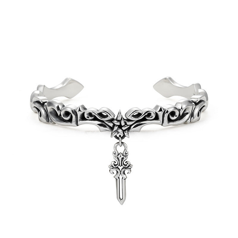 Men High-Quality Thai Silver Plated Bracelet – Retro Gothic Cross &amp; Star Heavy Chain Bracelet with Vine Engraving Design