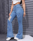 Women’s Washed Heart-Shaped Ripped Flared Jeans – High-Waist Stretch Denim Bootcut Pants