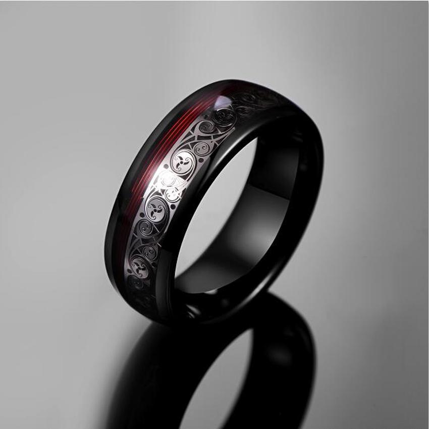 8mm Wide Electroplated Black Spiral Red Tungsten Steel Ring