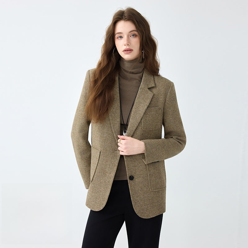 Women Wool Blend Houndstooth Suit Jacket – Petite Tailored Single-Breasted Blazer