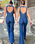 Women’s Heart-Shaped Backless Denim Jumpsuit – Halter Neck, High-Waist Zip-Up Slim Retro One-Piece