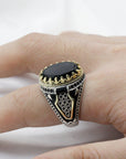 Black Natural Agate Stone 925 Silver Men's Ring