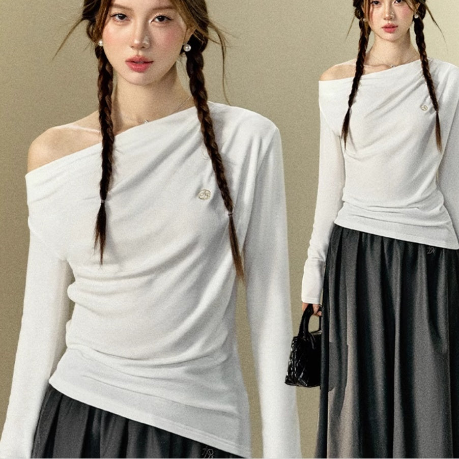 Diagonal Collar Bottoming Shirt Elegant Knitted