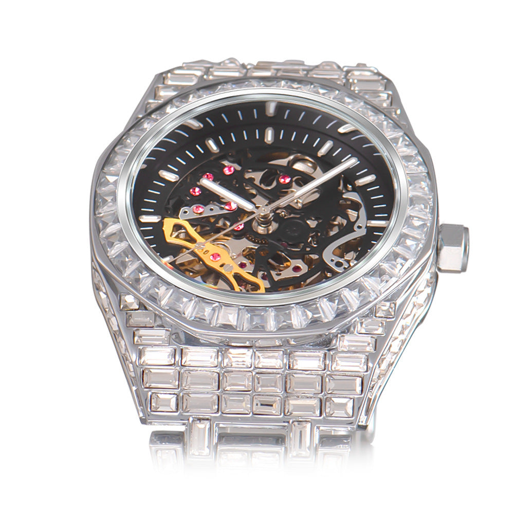 Hip Hop Full Square Diamond Luminous Hollow Mechanical Watch