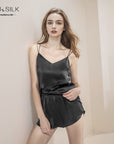 Women 100% Mulberry Silk Pajama Set – Sleeveless Top and Shorts Lightweight Breathable Summer Loungewear