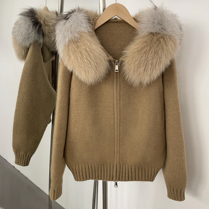 Women’s Hooded Spring Coat – Zipper Cardigan with Real Fox Fur Collar