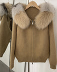 Women’s Hooded Spring Coat – Zipper Cardigan with Real Fox Fur Collar