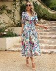 Women’s Elegant Floral V-Neck Summer Dress – Waist Tie Chic Bohemian Style