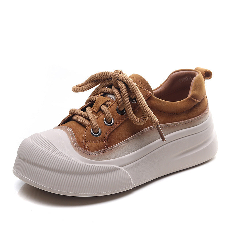 Women’s Full-Grain Leather Lace-Up Shoes – Classic Round-Toe (Yellow/Cameo Brown, Sizes 35-40)