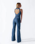 Women’s Heart-Shaped Backless Denim Jumpsuit – Halter Neck, High-Waist Zip-Up Slim Retro One-Piece