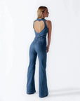 Women’s Heart-Shaped Backless Denim Jumpsuit – Halter Neck, High-Waist Zip-Up Slim Retro One-Piece