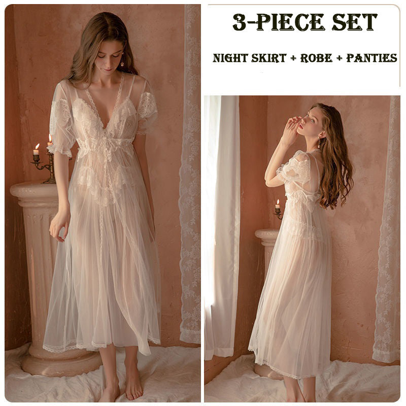 Women’s 3-Piece Lace Sheer Chemise Set – White Stretch Lingerie with Overcoat &amp; Panty
