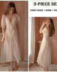 Women’s 3-Piece Lace Sheer Chemise Set – White Stretch Lingerie with Overcoat & Panty