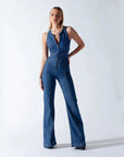 Women’s Heart-Shaped Backless Denim Jumpsuit – Halter Neck, High-Waist Zip-Up Slim Retro One-Piece