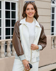 Color-blocked Spliced PU Leather Women's Motorcycle Jacket Baseball Coat
