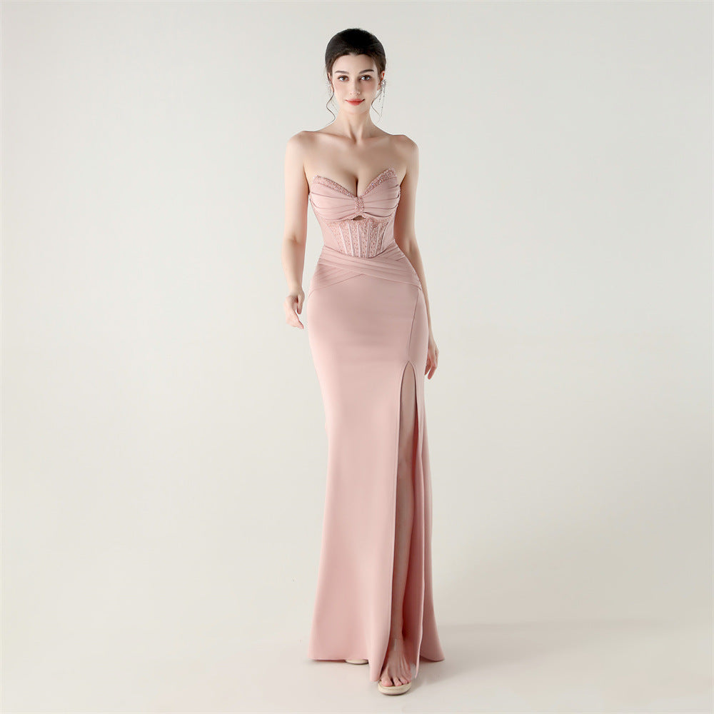 Women Sexy Corset Evening Dress for Formal Occasions &amp; Party – Strapless Satin Beaded Lace Slim Fit Maxi Gown