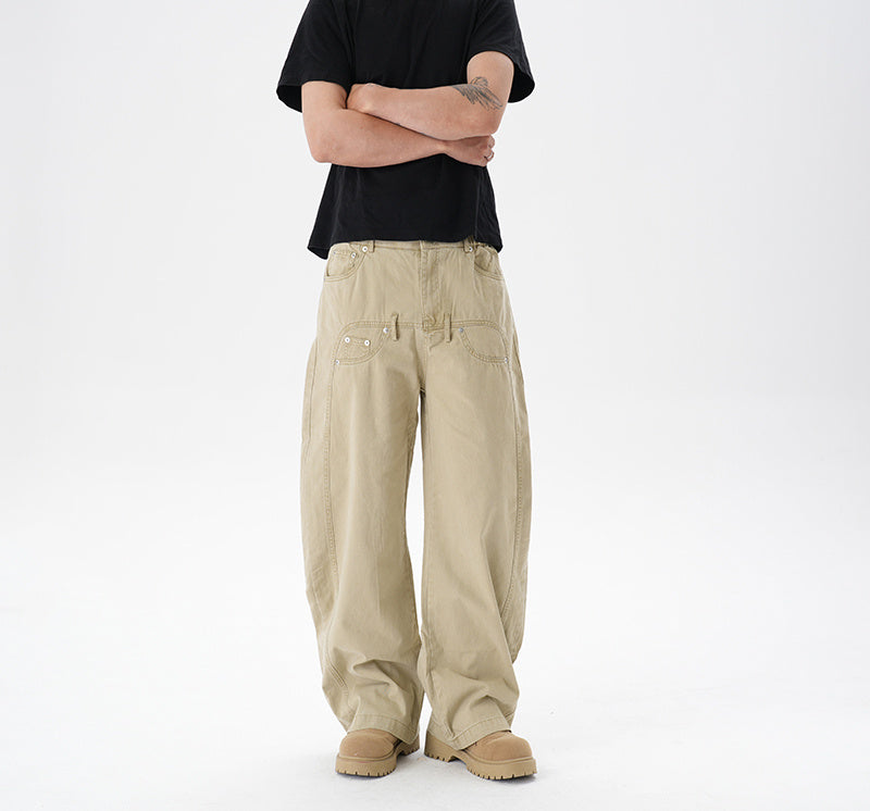 Men’s Loose Machete Pants - Wide Leg Cotton Trousers (Khaki/Gray, M-2XL) Straight Leg Comfort Fit with Elastic Waist