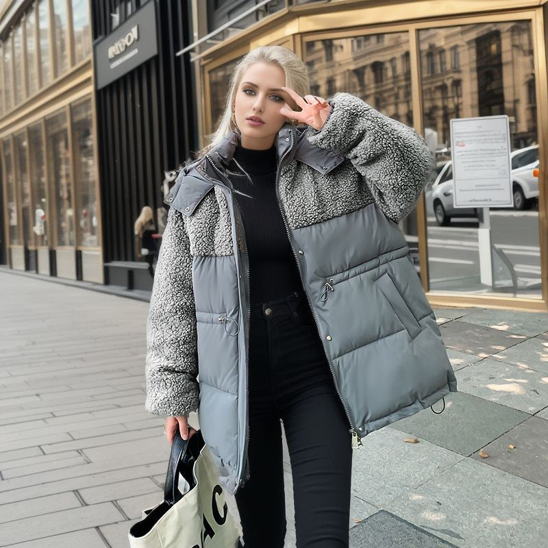Women’s Cotton-Padded Lamb Wool Coat – Drawstring Waist Thickened Winter Jacket