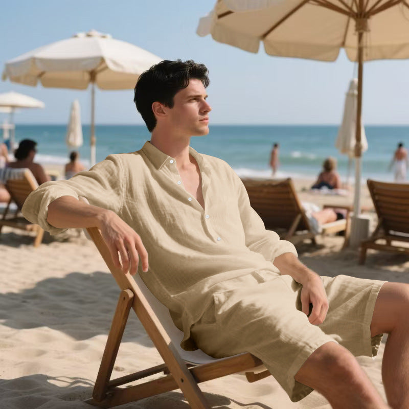 🌴 Men&#39;s Linen Beach Suit Set – Long Sleeve Shirt &amp; Casual Shorts (6 Colors) – Breathable Summer Style